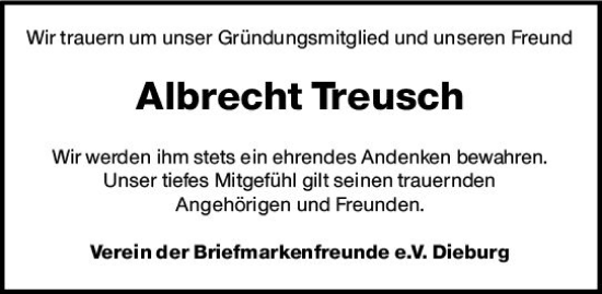 Traueranzeige von Albrecht Treusch von Dieburger Anzeiger/Groß-Zimmerner Lokal-Anzeiger