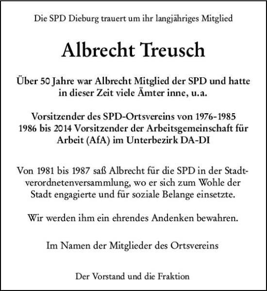 Traueranzeige von Albrecht Treusch von Dieburger Anzeiger/Groß-Zimmerner Lokal-Anzeiger