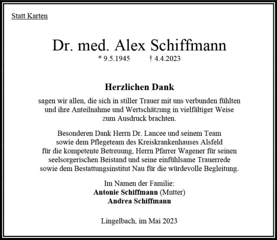 Traueranzeige von Alex Schiffmann von Oberhessen Kurier