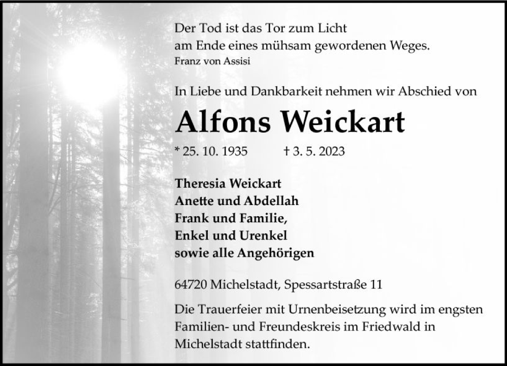  Traueranzeige für Alfons Weickart vom 06.05.2023 aus Odenwälder Echo
