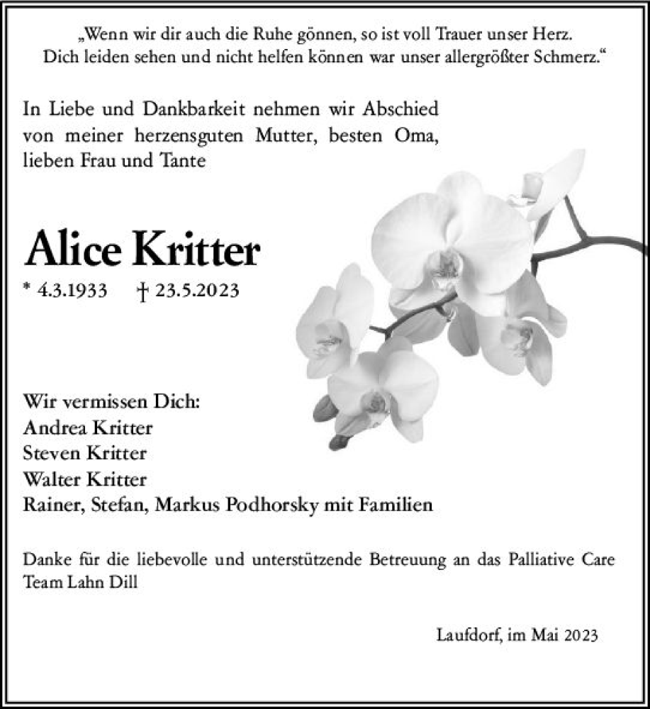  Traueranzeige für Alice Kritter vom 26.05.2023 aus Wetzlarer Neue Zeitung