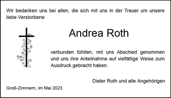 Traueranzeige von Andrea Roth von Dieburger Anzeiger/Groß-Zimmerner Lokal-Anzeiger