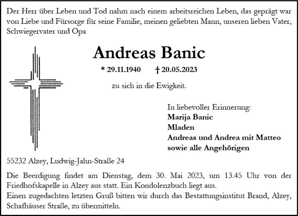  Traueranzeige für Andreas Banic vom 24.05.2023 aus Allgemeine Zeitung Alzey