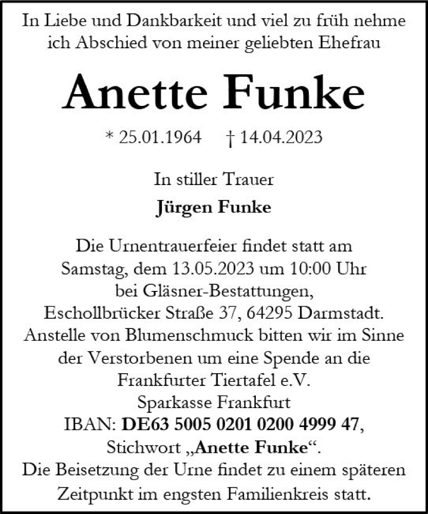  Traueranzeige für Anette Funke vom 06.05.2023 aus Darmstädter Echo