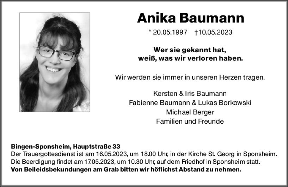  Traueranzeige für Anika Baumann vom 13.05.2023 aus Allgemeine Zeitung Bingen/Ingelheim