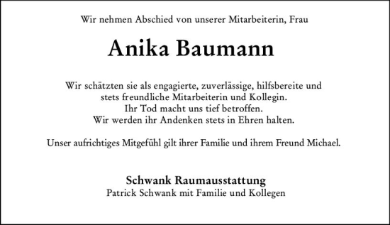Traueranzeige von Anika Baumann von Allgemeine Zeitung Bingen/Ingelheim