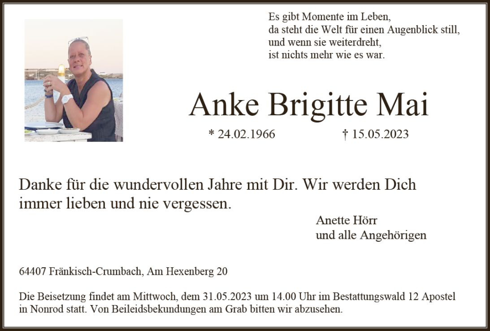  Traueranzeige für Anke Brigitte Mai vom 20.05.2023 aus Odenwälder Echo
