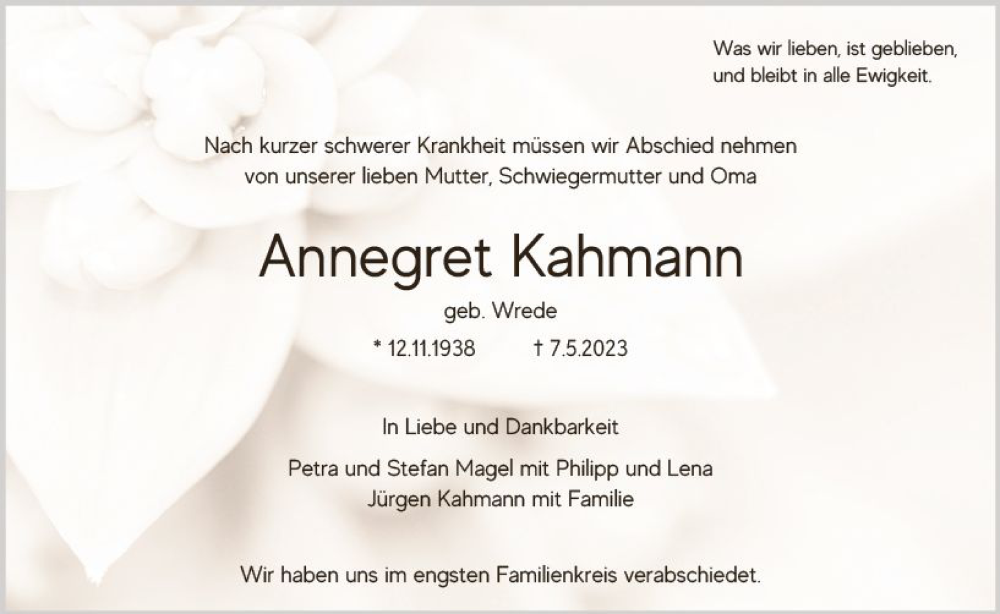 Traueranzeigen von Annegret Kahmann www.vrmtrauer.de
