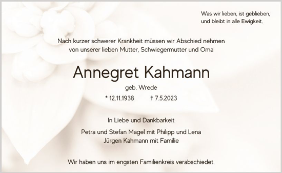 Traueranzeige von Annegret Kahmann von Wiesbadener Kurier