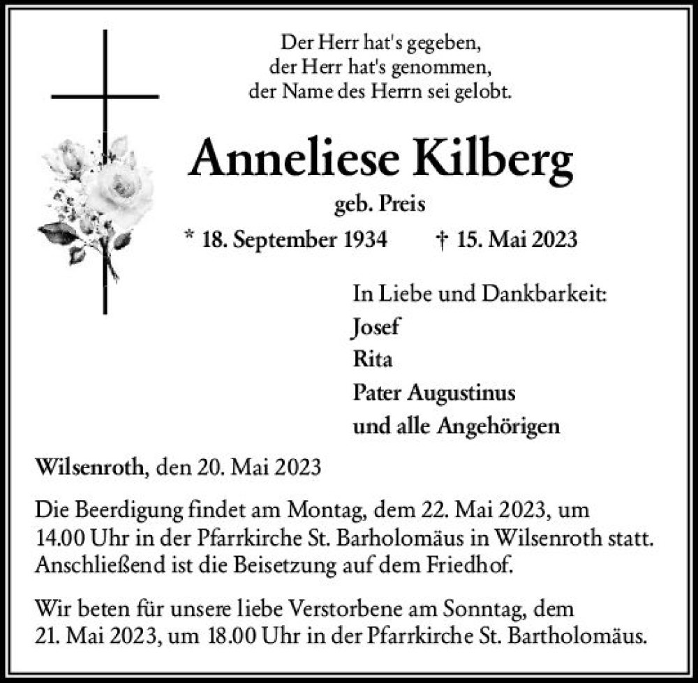  Traueranzeige für Anneliese Kilberg vom 20.05.2023 aus Nassauische Neue Presse