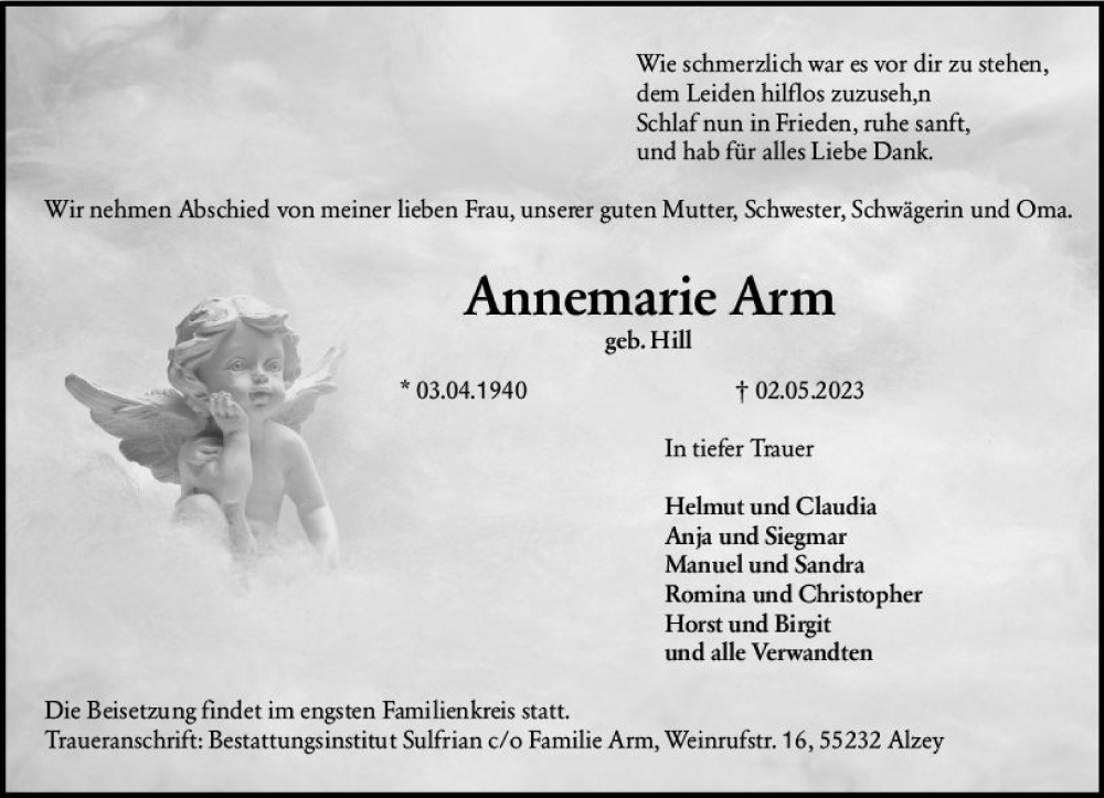 Traueranzeige für Annemarie Arm vom 06.05.2023 aus Allgemeine Zeitung Alzey