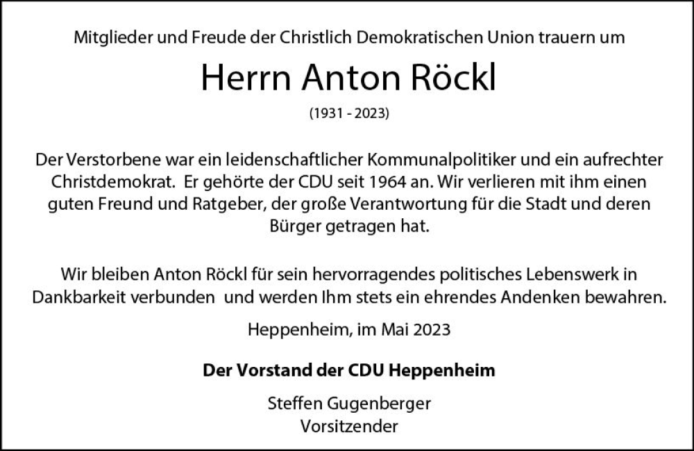  Traueranzeige für Anton Röckl vom 31.05.2023 aus Starkenburger Echo