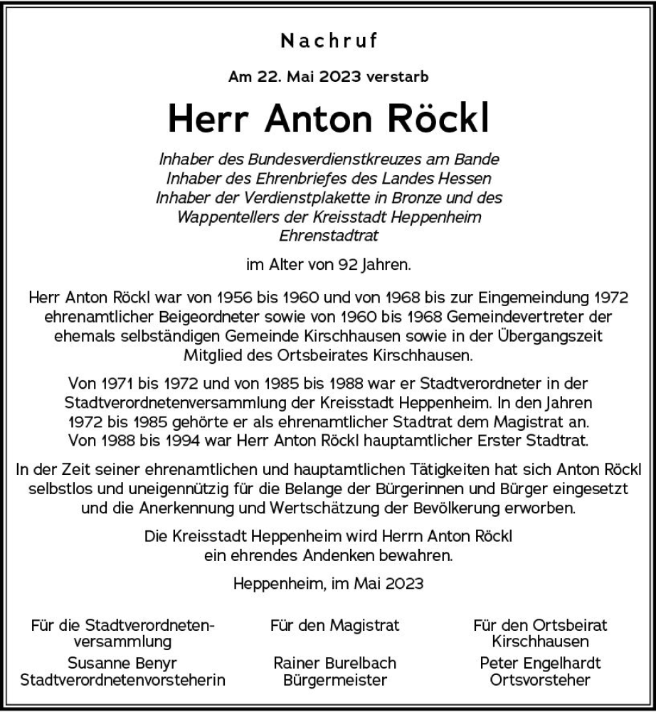  Traueranzeige für Anton Röckl vom 27.05.2023 aus Starkenburger Echo