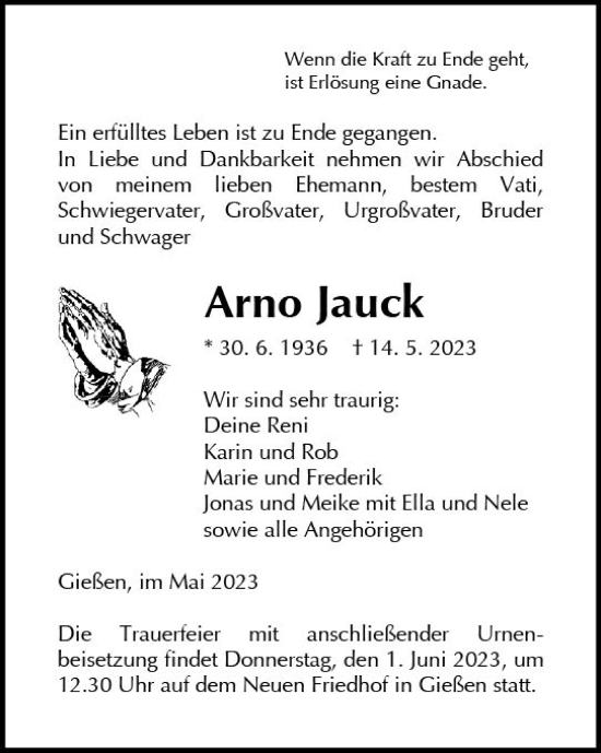 Traueranzeige von Arno Jauck von Wetzlarer Neue Zeitung