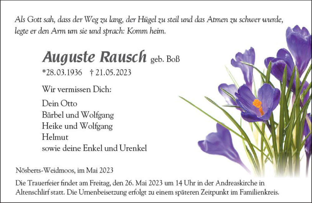  Traueranzeige für Auguste Rausch vom 24.05.2023 aus Lauterbacher Anzeiger