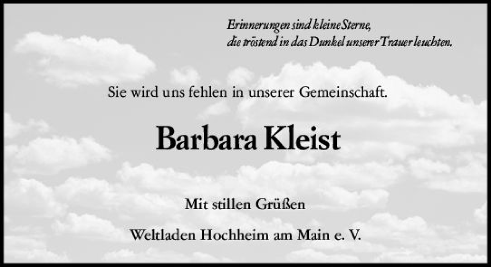  Traueranzeige für Barbara Kleist vom 26.05.2023 aus Hochheimer Zeitung
