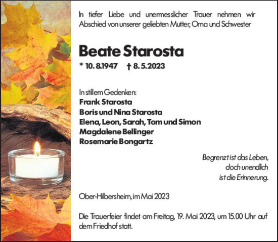 Traueranzeige von Beate Starosta von Allgemeine Zeitung Bingen/Ingelheim
