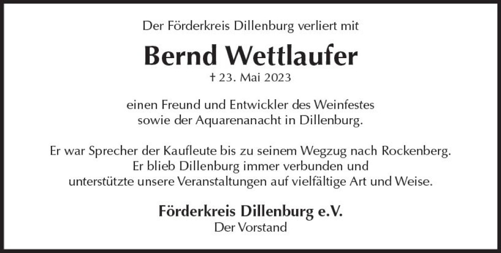  Traueranzeige für Bernd Wettlaufer vom 27.05.2023 aus Dill Block