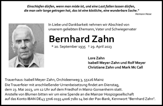 Traueranzeige von Bernhard Zahn von Allgemeine Zeitung Mainz