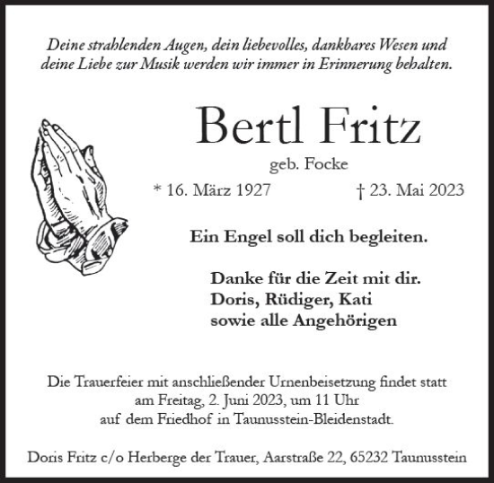 Traueranzeige von Bertl Fritz von Wiesbadener Kurier