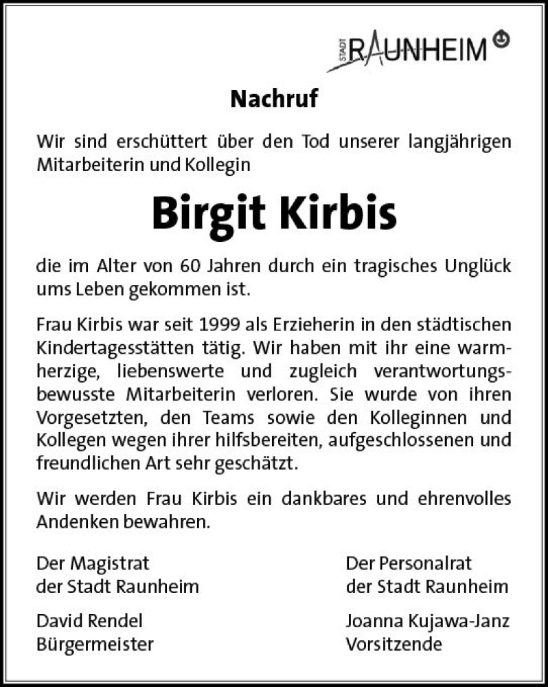  Traueranzeige für Birgit Kirbis vom 26.05.2023 aus Rüsselsheimer Echo