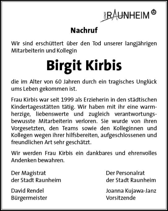 Traueranzeige von Birgit Kirbis von Rüsselsheimer Echo