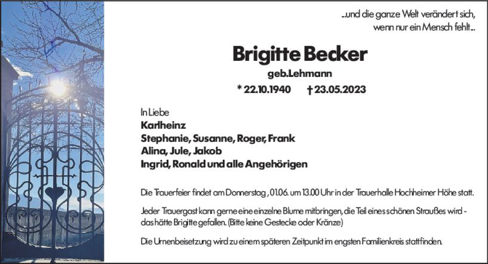  Traueranzeige für Brigitte Becker vom 27.05.2023 aus Wormser Zeitung