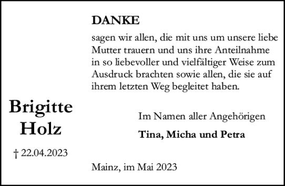  Traueranzeige für Brigitte Holz vom 13.05.2023 aus Allgemeine Zeitung Mainz