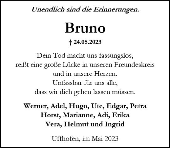 Traueranzeige von Bruno  von Allgemeine Zeitung Alzey