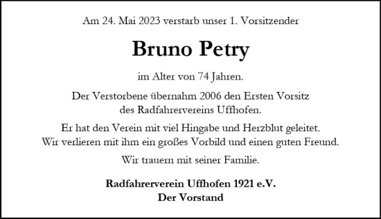 Traueranzeige von Bruno Petry von Allgemeine Zeitung Alzey