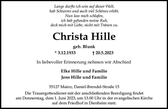 Traueranzeige von Christa Hille von Allgemeine Zeitung Mainz