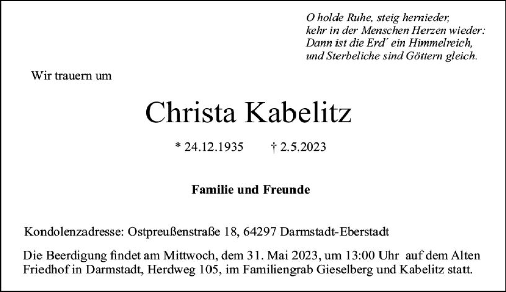  Traueranzeige für Christa Kabelitz vom 27.05.2023 aus Darmstädter Echo