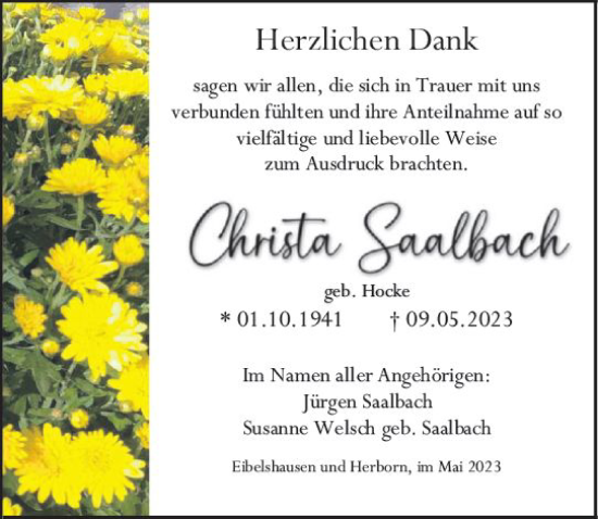Traueranzeige von Christa Saalbach von Dill Block