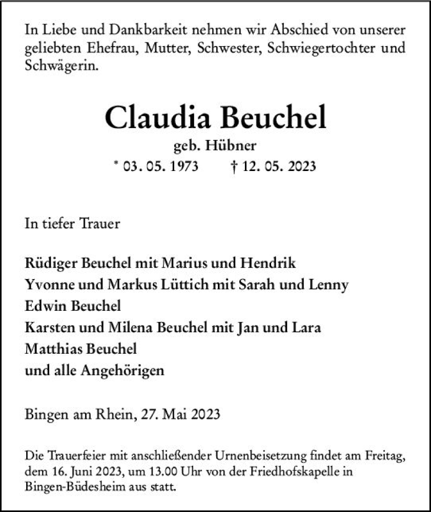  Traueranzeige für Claudia Beuchel vom 27.05.2023 aus Allgemeine Zeitung Bingen/Ingelheim