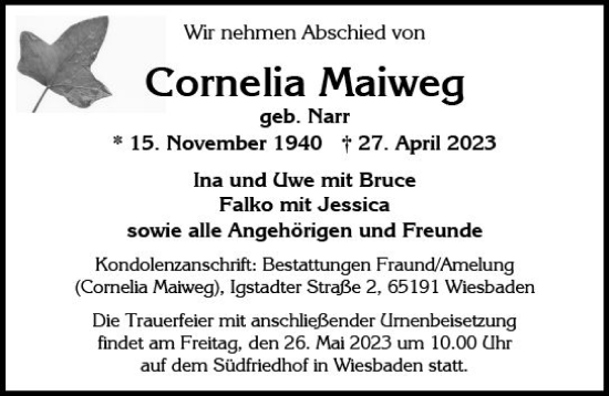 Traueranzeige von Cornelia Maiweg von Wiesbadener Kurier