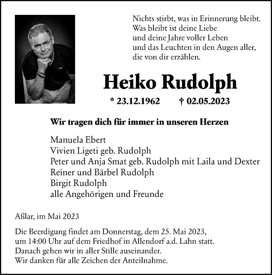 Traueranzeige von Heiko Rudolph von Wetzlarer Neue Zeitung