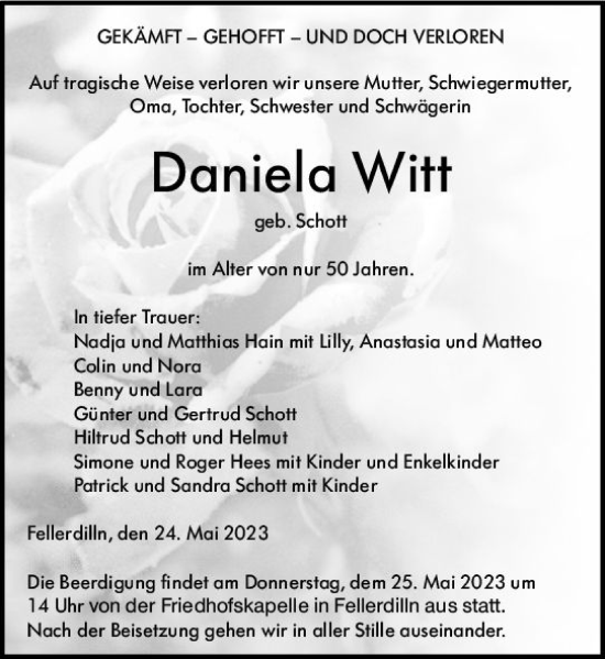 Traueranzeige von Daniela Witt von Dill Block