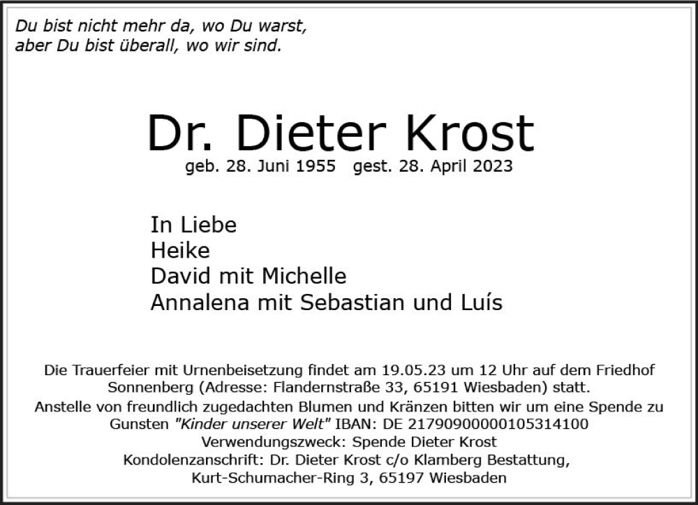  Traueranzeige für Dieter Krost vom 13.05.2023 aus Wiesbadener Kurier