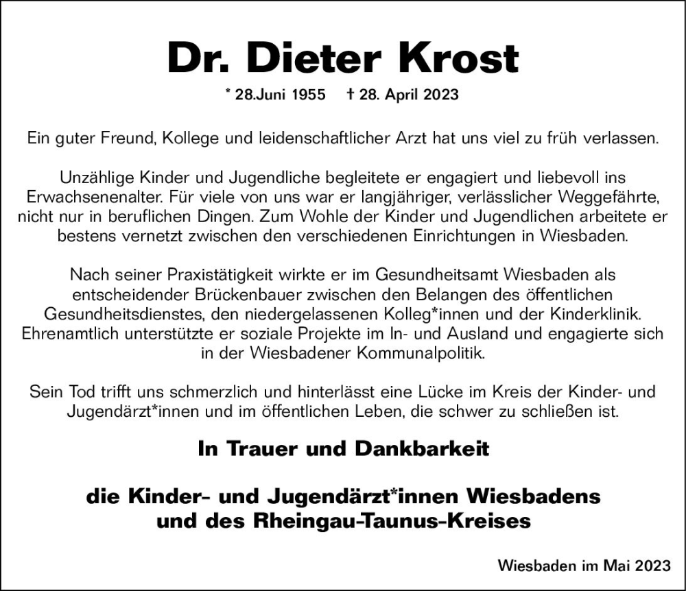  Traueranzeige für Dieter Krost vom 13.05.2023 aus Wiesbadener Kurier