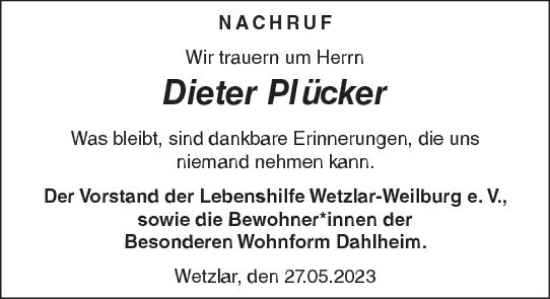 Traueranzeige von Dieter Plücker von Weilburger Tageblatt
