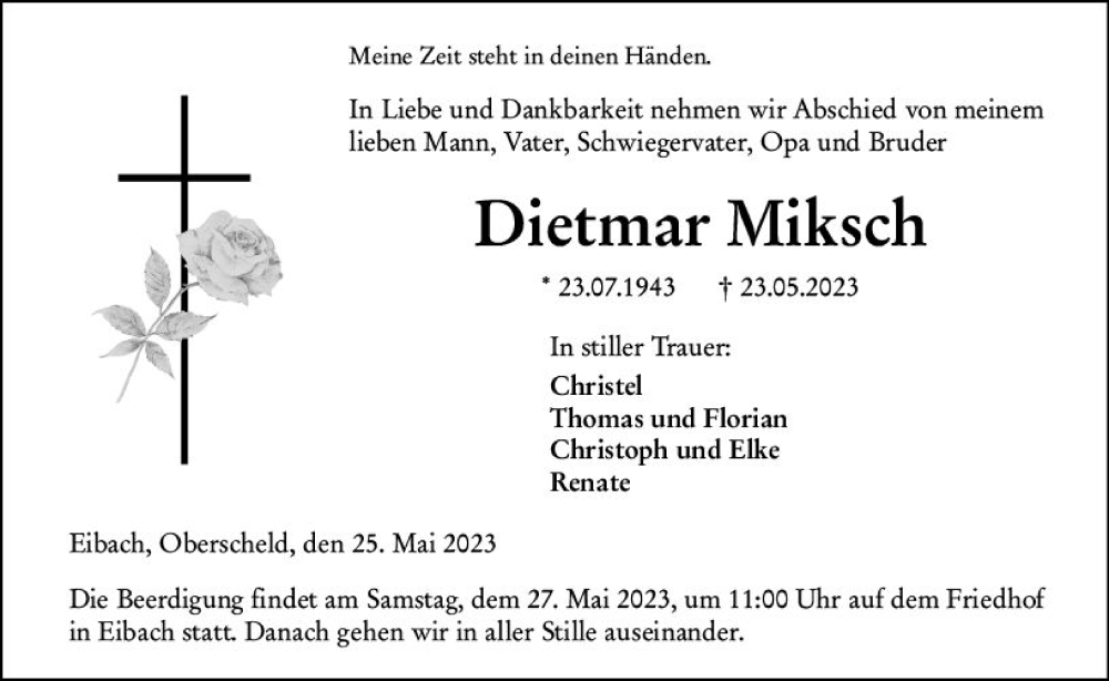  Traueranzeige für Dietmar Miksch vom 25.05.2023 aus Dill Block