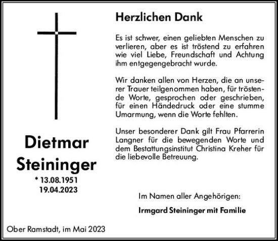 Traueranzeige von Dietmar Steininger von Darmstädter Echo