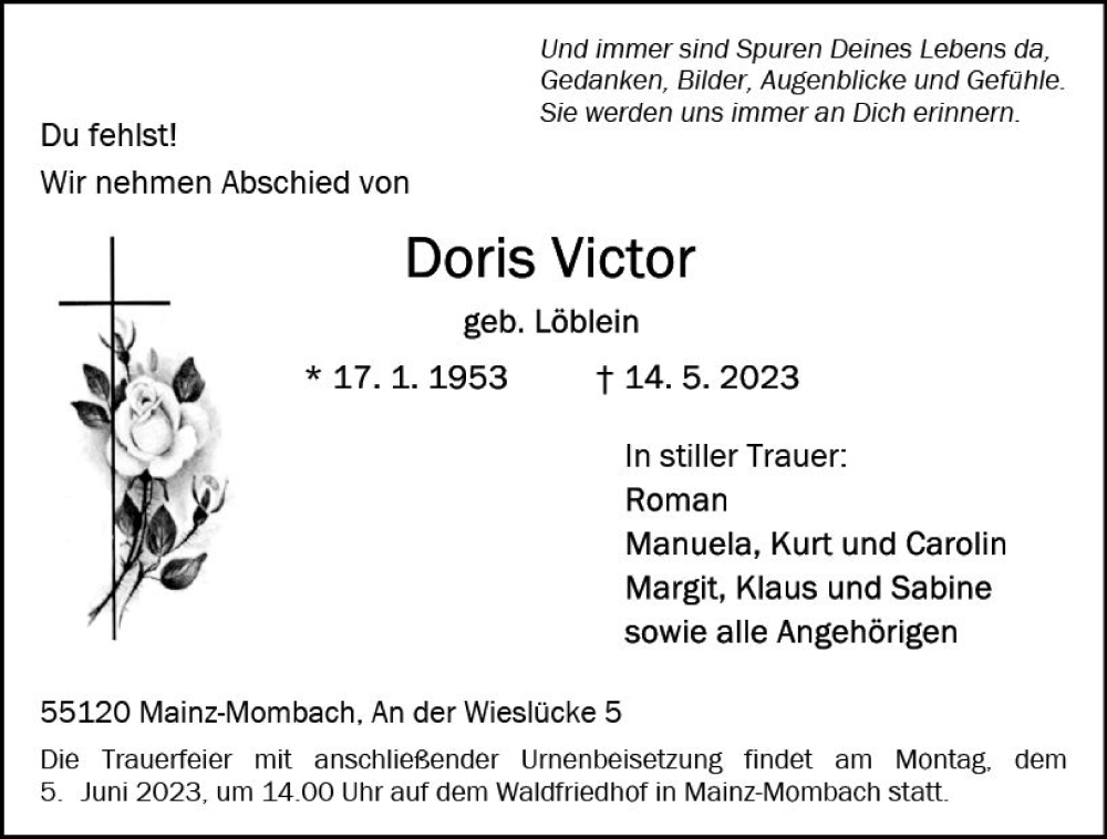  Traueranzeige für Doris Victor vom 27.05.2023 aus Allgemeine Zeitung Mainz