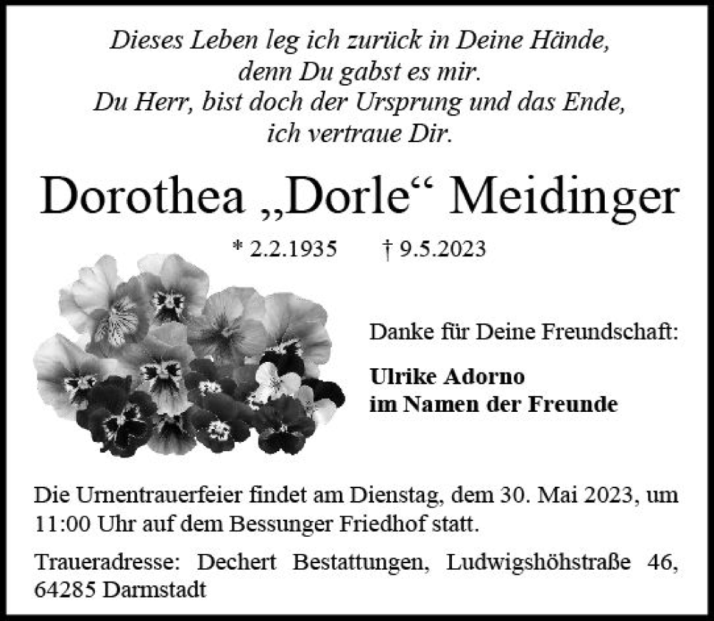  Traueranzeige für Dorothea Meidinger vom 13.05.2023 aus Darmstädter Echo