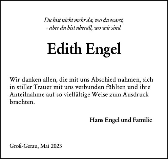 Traueranzeige von Edith Engel von Groß-Gerauer Echo