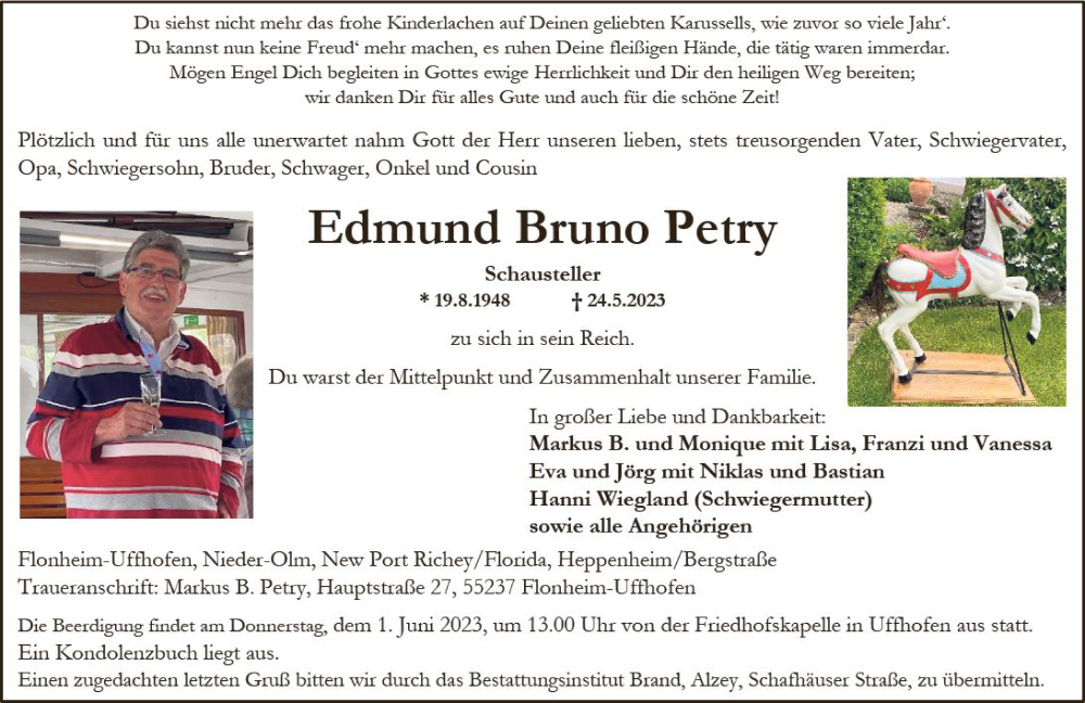  Traueranzeige für Edmund Bruno Petry vom 27.05.2023 aus Allgemeine Zeitung Alzey