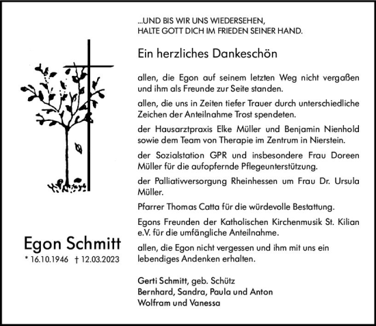 Traueranzeige von Egon Schmitt von Allgemeine Zeitung Mainz