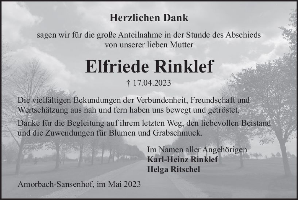  Traueranzeige für Elfriede Rinklef vom 13.05.2023 aus Odenwälder Echo