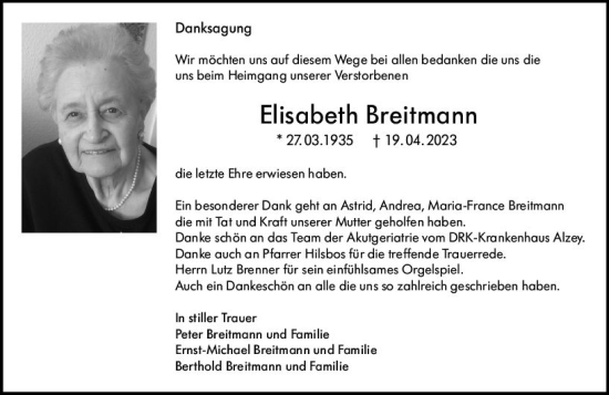 Traueranzeige von Elisabeth Breitmann von Allgemeine Zeitung Mainz