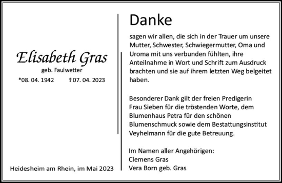Traueranzeige von Elisabeth Gras von Allgemeine Zeitung Bingen/Ingelheim